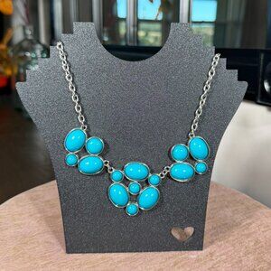 Turquoise Blue Statement Bib Necklace – Silver Tone Adjustable Chain